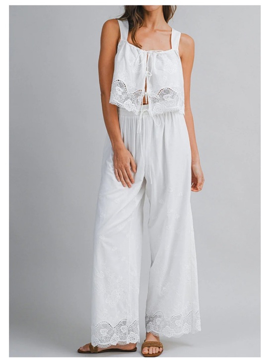 Mable Pants - Cosette Embroidered Tie Top & Pant Set - Off-White